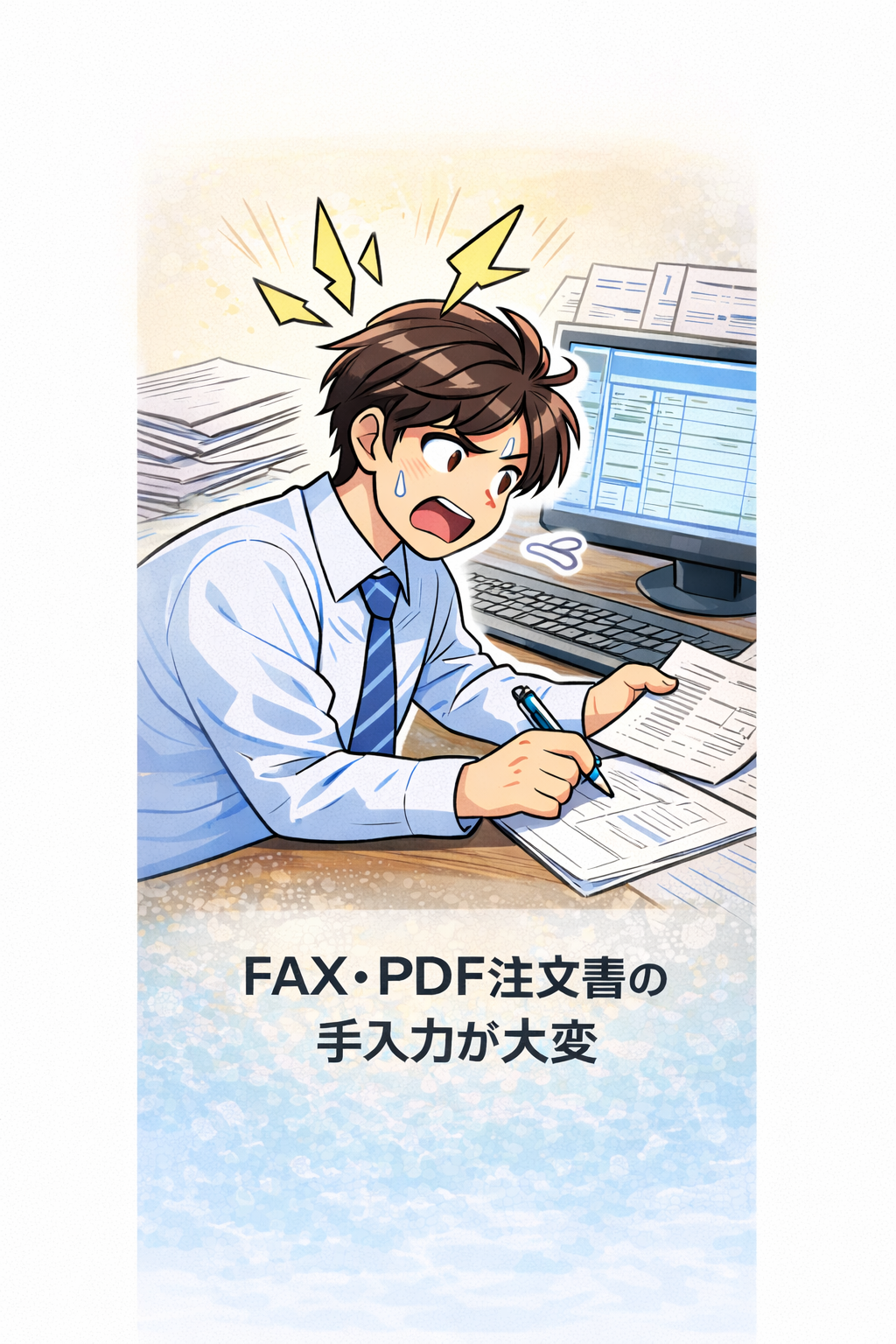 FAX・PDF注文書を手入力して疲弊している（漫画イメージ）