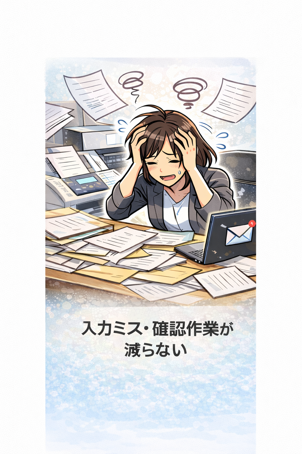 入力ミス確認に追われている（漫画イメージ）