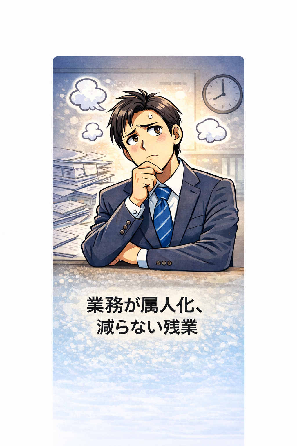 業務が属人化し残業している（漫画イメージ）