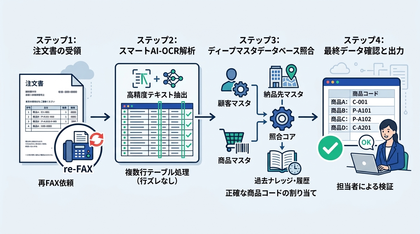 注文書の型番表記と自社商品コードの照合イメージ