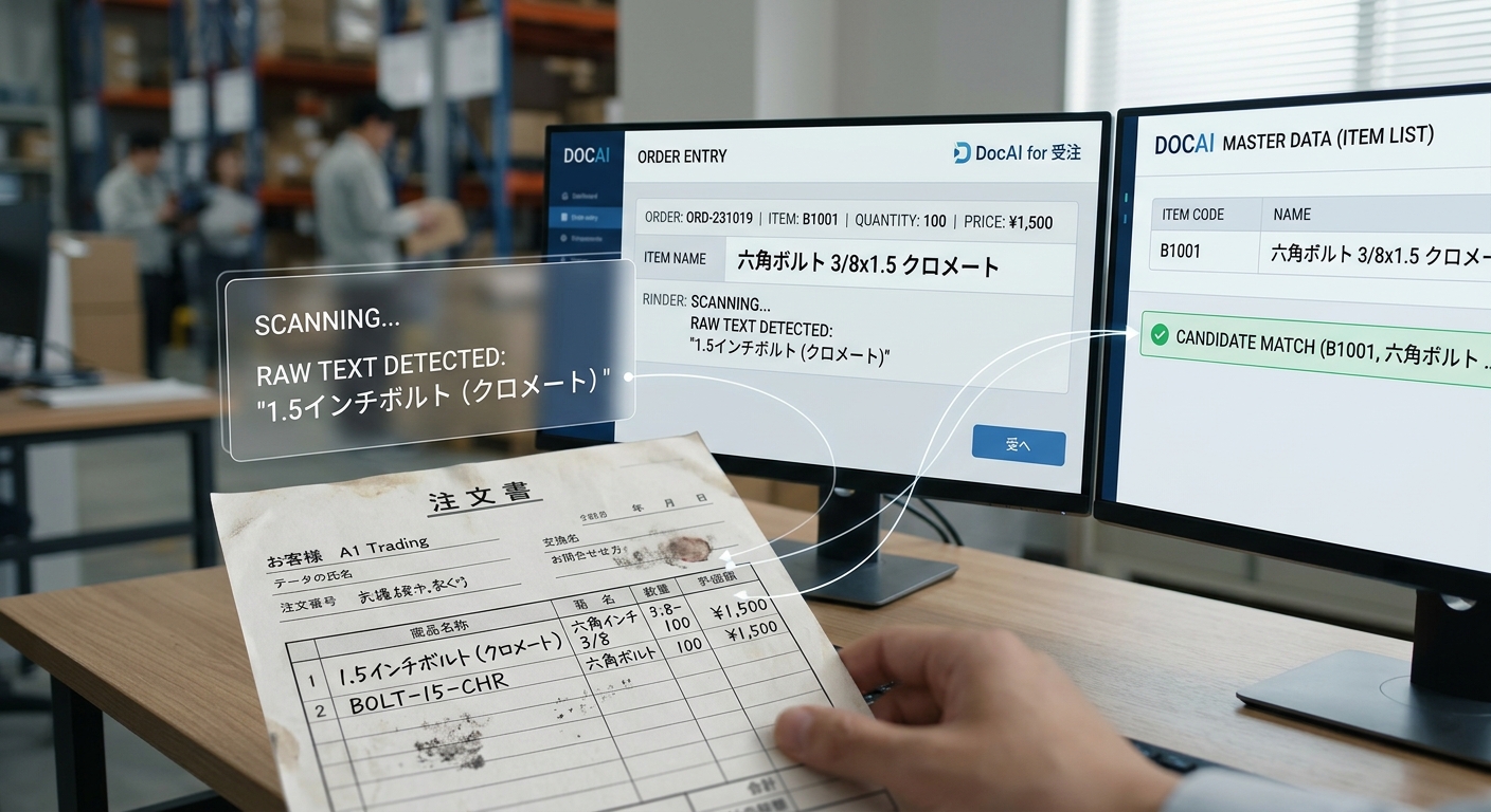 AI-OCRによる注文書解析と業務ルールの自動判別・基幹システム連携イメージ