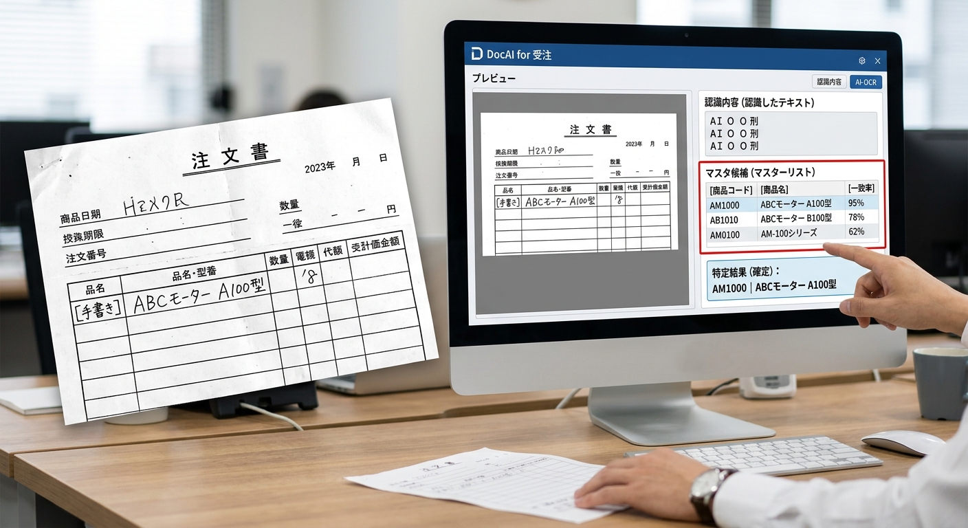 製造業の注文書読み取りと手作業での指示書おこし・データ転記処理のイメージ