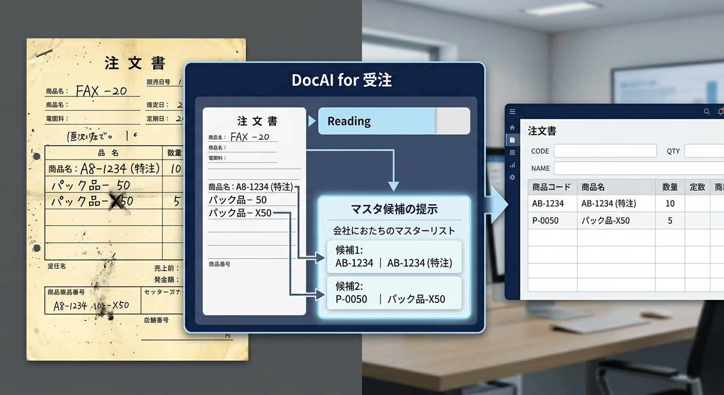注文書読み取りとDocAIによるマスタ照合およびプロンプト最適化の処理イメージ