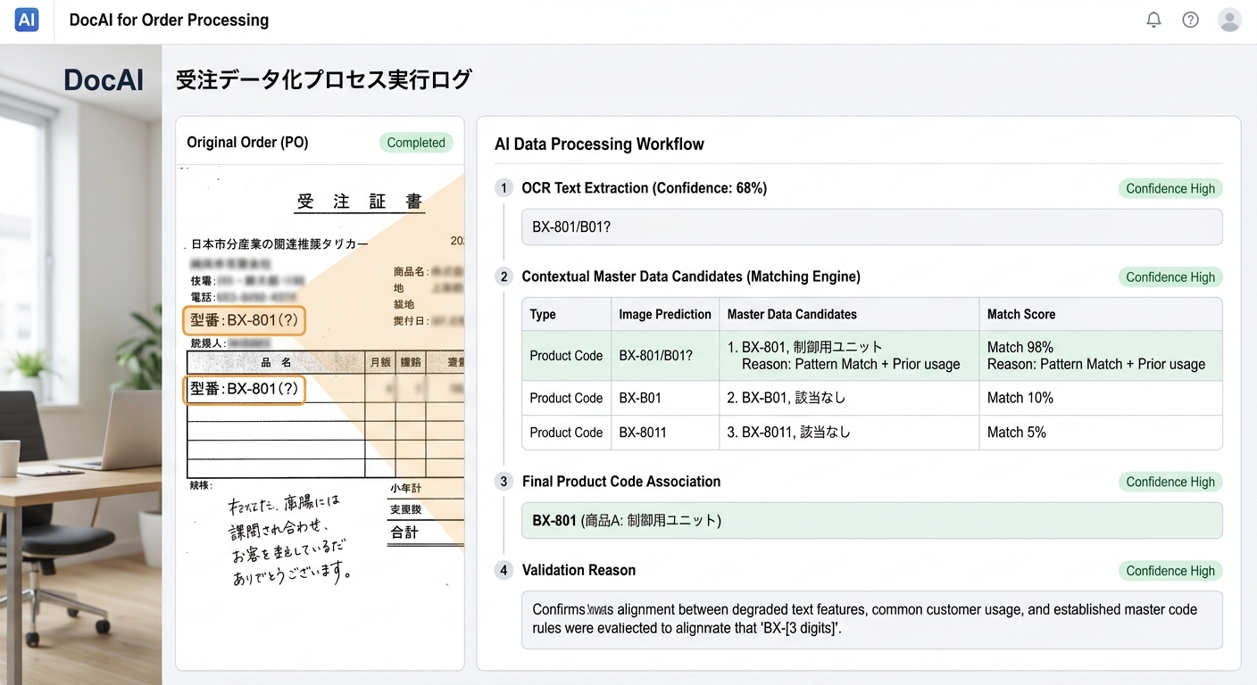 画面上でAIの処理実行ログやマスタ参照根拠を確認するイメージ