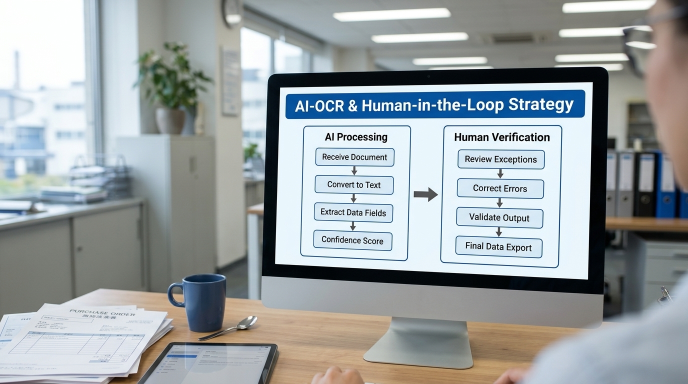 AI-OCRとHuman-in-the-Loop戦略：AIによる処理と人による検証を組み合わせた業務フローのイメージ